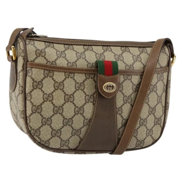 GUCCI GG Canvas Web Sherry Line Shoulder Bag PVC Leather Beige Red Auth 146151 - Picture 2 of 16